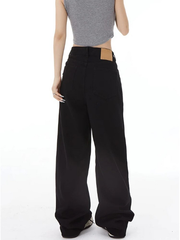 Blugi negri de damă Blugi cu talie înaltă Pantaloni din denim cu nasturi Pantaloni largi supradimensionați de primăvară Streetwear Moda coreeană 2023