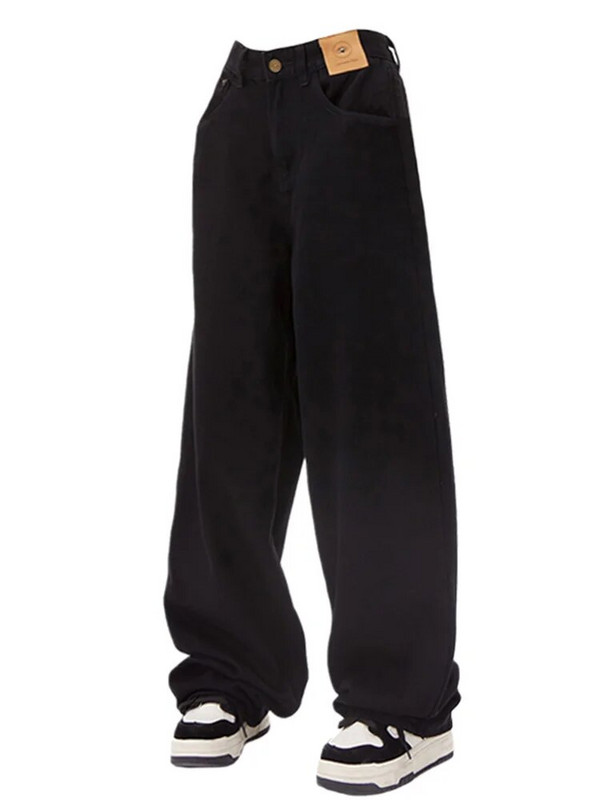 Blugi negri de damă Blugi cu talie înaltă Pantaloni din denim cu nasturi Pantaloni largi supradimensionați de primăvară Streetwear Moda coreeană 2023