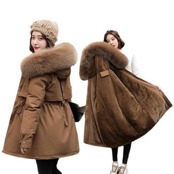 M-3XL Зимна дамска парка 2023 Модно дълго палто Вълнена подплата Парки с качулка Тънко яке с кожена яка Топли дрехи за сняг Подплатени дрехи