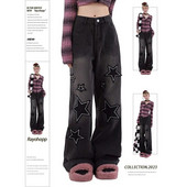 Harajuku Casual Star Graphic Patch Aukštu liemeniu džinsai Tiesūs Retro laisvi džinsai Moteriški Nauji Plačiai Šluostymas Juodos Kelnės Street