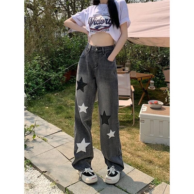 Harajuku Casual Star Graphic Patch Aukštu liemeniu džinsai Tiesūs Retro laisvi džinsai Moteriški Nauji Plačiai Šluostymas Juodos Kelnės Street