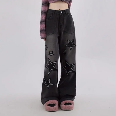 Harajuku Casual Star Graphic Patch Aukštu liemeniu džinsai Tiesūs Retro laisvi džinsai Moteriški Nauji Plačiai Šluostymas Juodos Kelnės Street