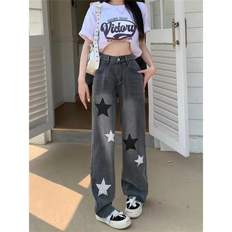 Harajuku Casual Star Graphic Patch Aukštu liemeniu džinsai Tiesūs Retro laisvi džinsai Moteriški Nauji Plačiai Šluostymas Juodos Kelnės Street