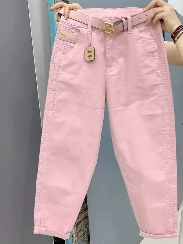 Kõrge vöökohaga roosad teksapüksid haaremipüksid 2023 uued kevadsuvised lahtised pahkluuni ulatuvad teksad Täielikult sobivad suured sirged püksid M-4XL