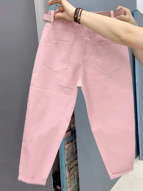 Kõrge vöökohaga roosad teksapüksid haaremipüksid 2023 uued kevadsuvised lahtised pahkluuni ulatuvad teksad Täielikult sobivad suured sirged püksid M-4XL