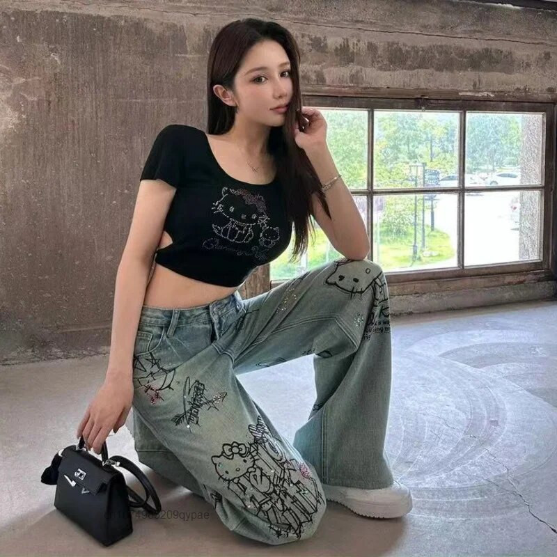 Sanrio Hot Diamond Hello Kitty Graffiti Naiste Teksad Ameerika High Street Y2k Tüdrukute Denimpüksid Uued lahtised vabaaja laiad püksid