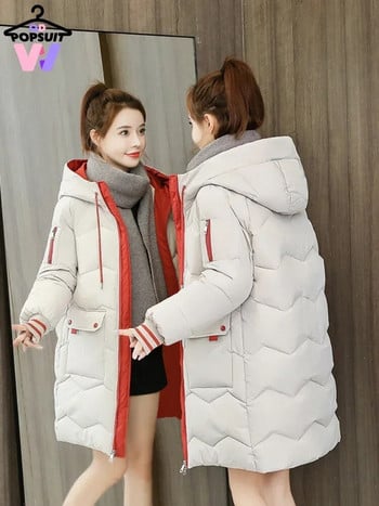 Νέο στο Χειμώνα Γυναικεία Μπουφάν Παλτό Casual Long Parka Βαμβακερό ζιβάγκο με κουκούλα μανσέτες που κλείνουν Αντιανεμικά ταξιδιωτικά παλτό