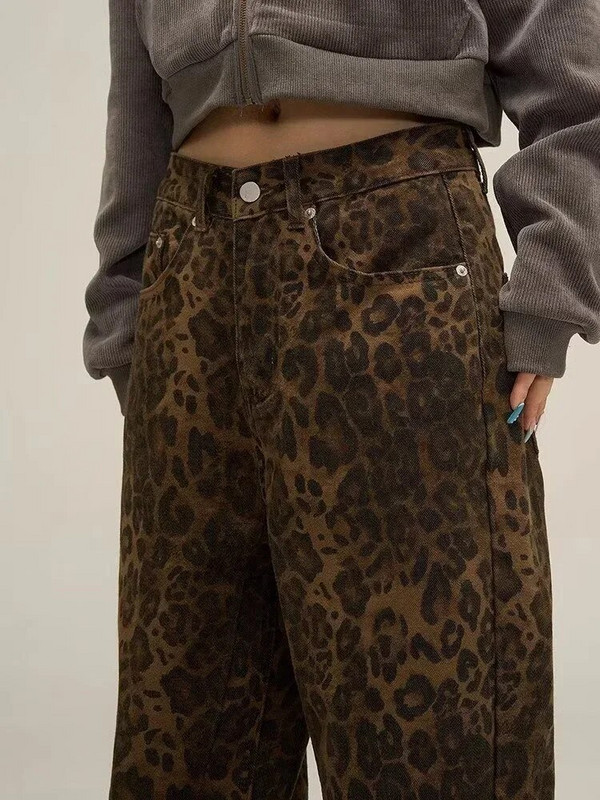HOUZHOU Tan Leopard Teksad Naised Denimpüksid Naistele Suured laia säärega püksid Tänavarõivad Hip Hop Vintage Riided Vaba vabaaja