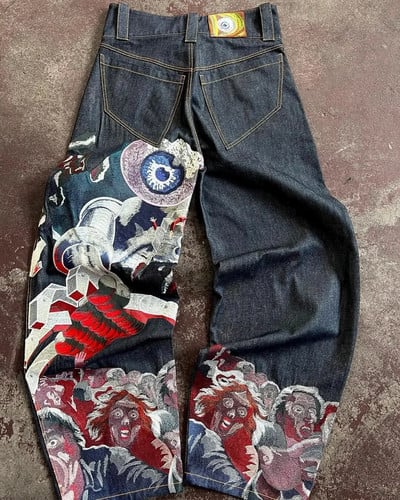 Blugi Y2K Streetwear Harajuku Hip Hop Blugi largi cu grafic retro Pantaloni din denim Pantaloni gotici pentru bărbați și femei, cu talie înaltă, cu picioare late