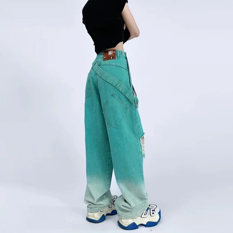 Ameerika stiilis vintage rebenenud Y2k kottis teksad Naiste tänavarõivad vabaaja püksid kuumad tüdrukud, kõrge vöökohaga naiste küljenööbiga püksid