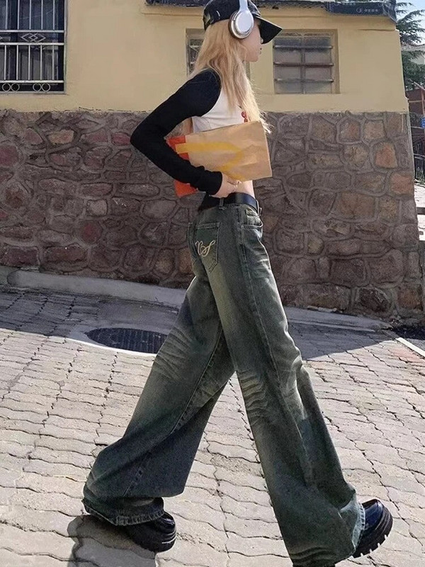 Harajuku moe laia säärega püksid kottis täispikk tänavarõivad teksapüksid, prinditaskud, sirged naiste vabaaja retro