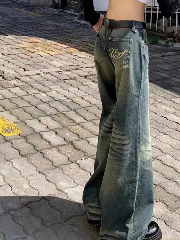 Harajuku moe laia säärega püksid kottis täispikk tänavarõivad teksapüksid, prinditaskud, sirged naiste vabaaja retro