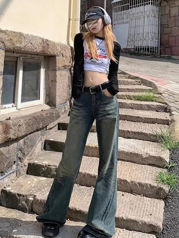 Harajuku moe laia säärega püksid kottis täispikk tänavarõivad teksapüksid, prinditaskud, sirged naiste vabaaja retro