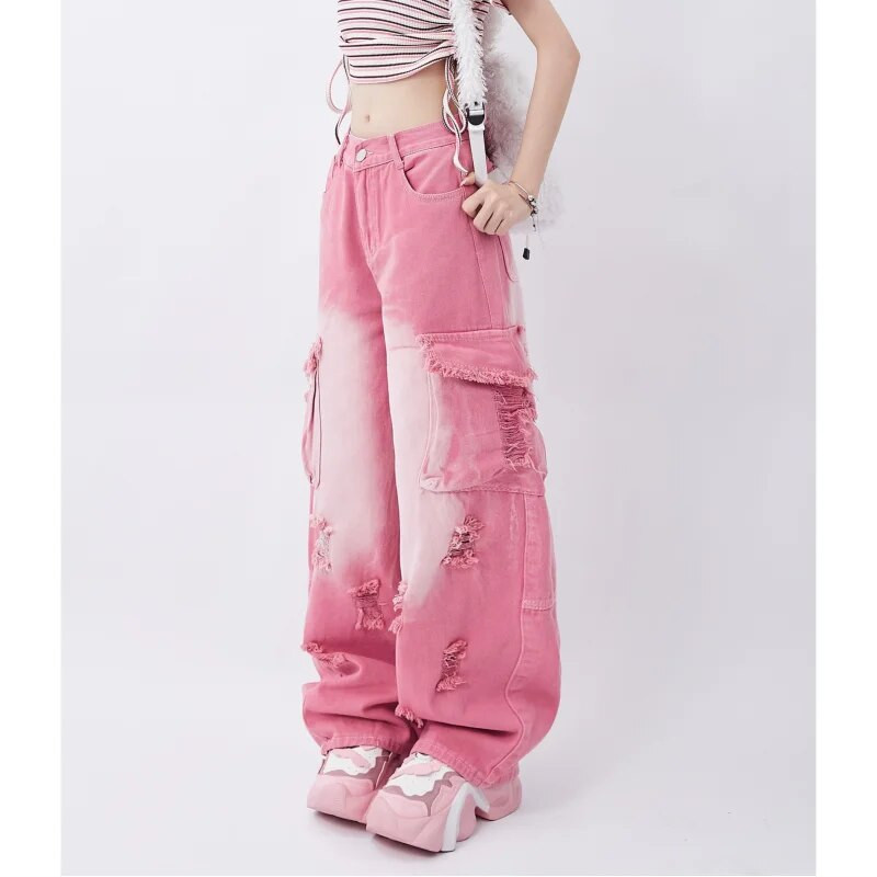 Naiste roosad teksad, kontrastsed värvid kõrge vöökohaga Ameerika tänava laiad püksid Moodsad hip-hop vintage sirged suvepüksid