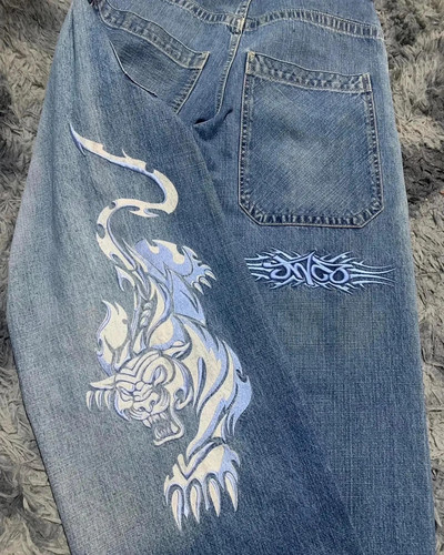 JNCO Jeans Y2K Harajuku Hip Hop Tiger Graphic Goth Retro Blue Baggy Jeans Traper hlače Muškarci Žene Gothic High Waist Wide Hlače