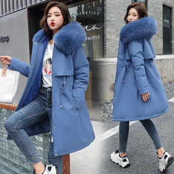 2023 Зимна кожена яка с качулка Голямо 6xl дълго палто Корейска мода Вълнена подплата Топли улични якета Ежедневни зимни облекла Паркове