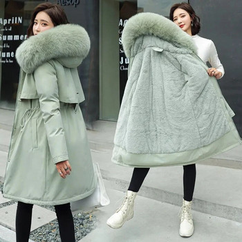 2023 Зимна кожена яка с качулка Голямо 6xl дълго палто Корейска мода Вълнена подплата Топли улични якета Ежедневни зимни облекла Паркове