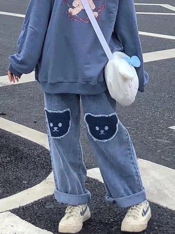 Y2K Harajuku Γυναικεία Κορεάτικη Hip Hop Bear Jeans Egirl Παντελόνι με φαρδύ πόδι ίσιο παντελόνι Γυναικείο ψηλόμεσο τζιν φαρδύ ρούχα Kawaii