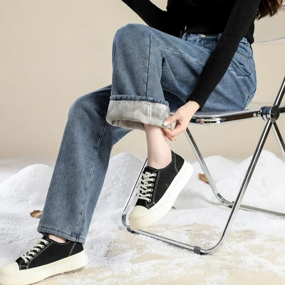 Ziemas silti džinsi Sieviešu korejiešu brīvi biezi plus samta džinsi ar augstu vidukli ar platām kājām bikses Y2k ikdienas taisnas vilnas džinsa bikses