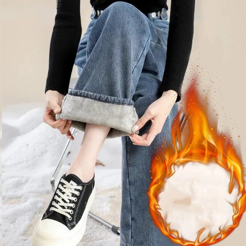 Ziemas silti džinsi Sieviešu korejiešu brīvi biezi plus samta džinsi ar augstu vidukli ar platām kājām bikses Y2k ikdienas taisnas vilnas džinsa bikses