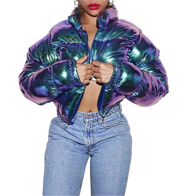 Ženske zimske tople pufer jakne Modne parke sa samostojećim ovratnikom i patentnim zatvaračem sprijeda Skraćeni kaput dugih rukava Lagana gornja odjeća s mjehurićima