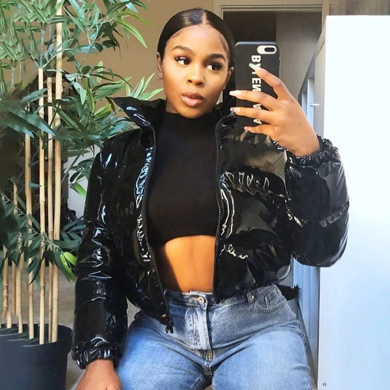 Ženske zimske tople pufer jakne Modne parke sa samostojećim ovratnikom i patentnim zatvaračem sprijeda Skraćeni kaput dugih rukava Lagana gornja odjeća s mjehurićima