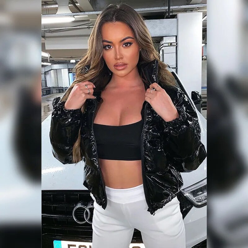 Ženske zimske tople pufer jakne Modne parke sa samostojećim ovratnikom i patentnim zatvaračem sprijeda Skraćeni kaput dugih rukava Lagana gornja odjeća s mjehurićima