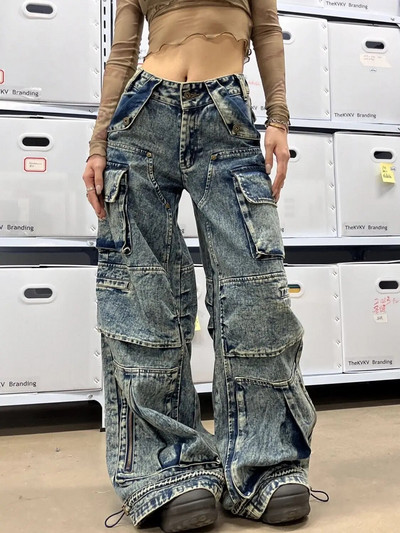 High street plus-size τζιν vintage παντελόνι cargo με πολλές τσέπες φαρδιά ίσια πλυμένα ταλαιπωρημένα παντελόνια Y2k streetwear