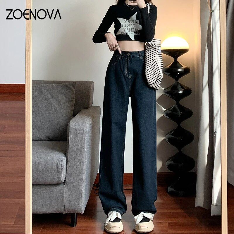 ZOENOVA uus elegantne mitmekülgsed sirged teksad Naiste avara kardinaga laia säärega teksapüksid sirged säärtega vabaaja kõrgtänava stiil