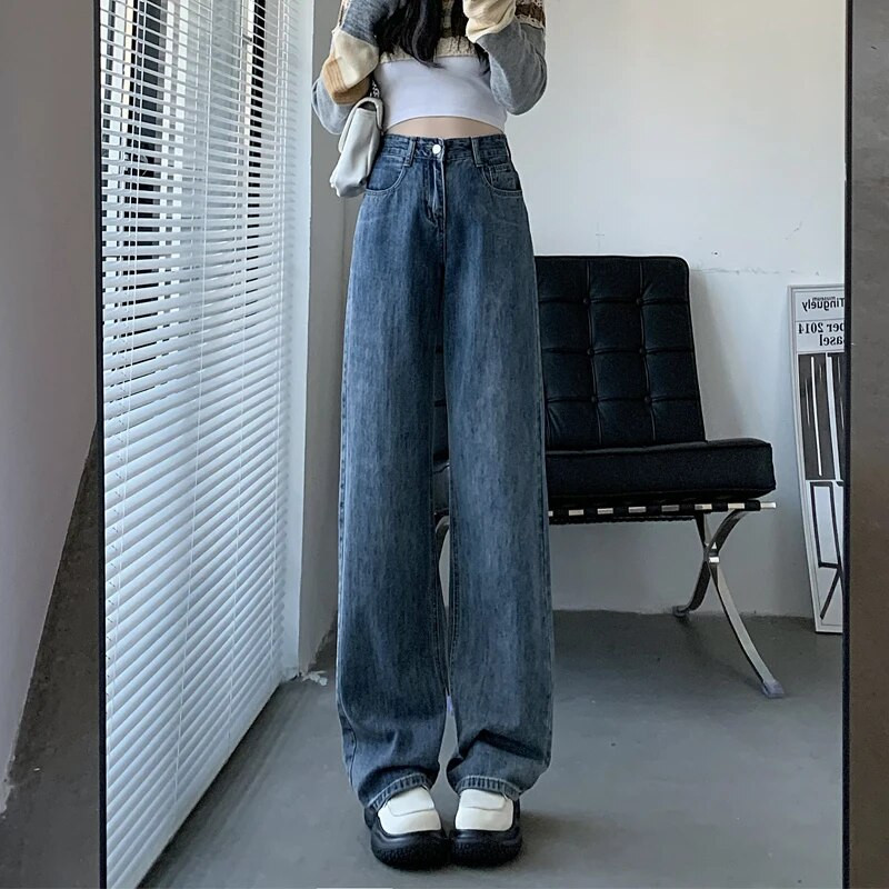 ZOENOVA uus elegantne mitmekülgsed sirged teksad Naiste avara kardinaga laia säärega teksapüksid sirged säärtega vabaaja kõrgtänava stiil