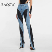 Divattervező színes blokk Női farmer Slim Deconstruct paneles Patchwork magas derék, hasított kék hosszú farmer nadrág őszi