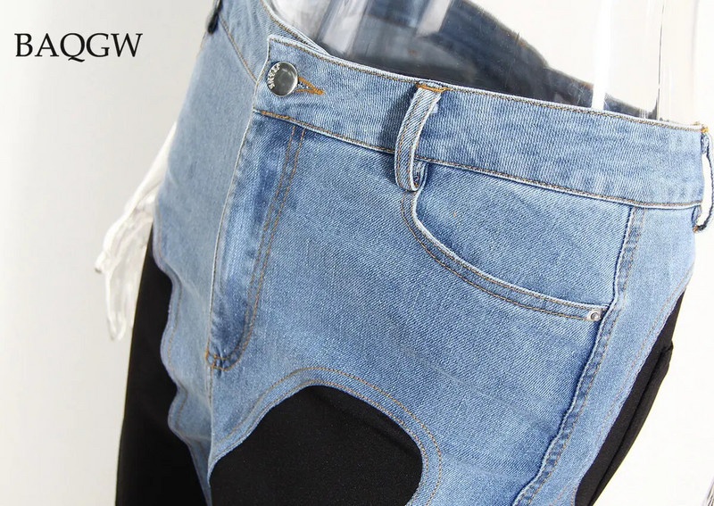 Divattervező színes blokk Női farmer Slim Deconstruct paneles Patchwork magas derék, hasított kék hosszú farmer nadrág őszi