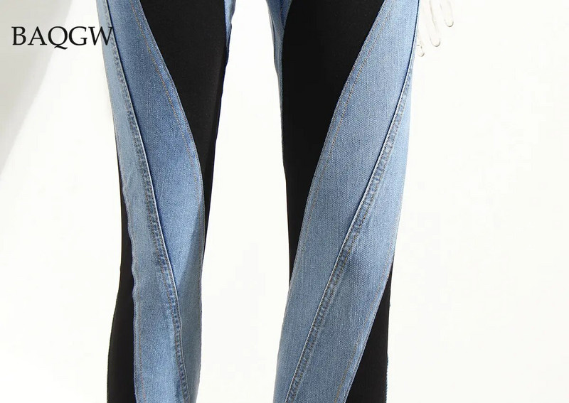 Divattervező színes blokk Női farmer Slim Deconstruct paneles Patchwork magas derék, hasított kék hosszú farmer nadrág őszi