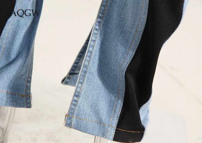 Divattervező színes blokk Női farmer Slim Deconstruct paneles Patchwork magas derék, hasított kék hosszú farmer nadrág őszi