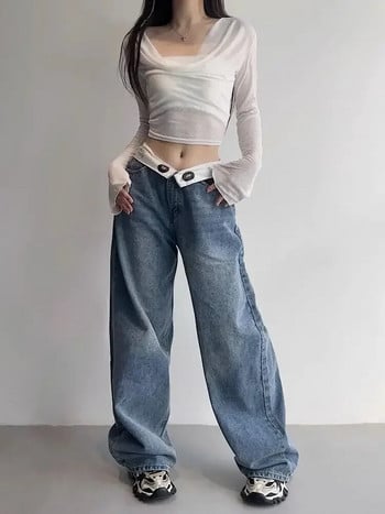 HOUZHOU Vintage Y2k Jeans Γυναικεία φαρδιά Kpop Gyaru Streetwear Φαρδύ μπλε τζιν παντελόνι Harajuku Κορεάτικο Acubi Fashion ψηλόμεσο τζιν