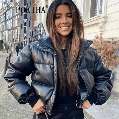 Pokiha Gros Cald Moda Căptușit Casual Fermoar Bumbac Piele Jachetă Scurtă Jachetă Femei Vintage Mânecă Lungă Femei Imbracaminte exterioară Nou