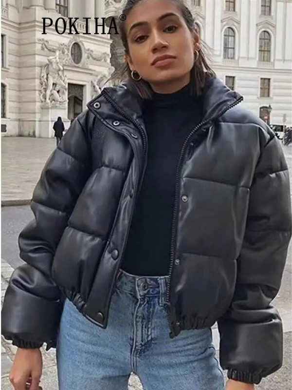 „Pokiha“ stora šilta madinga paminkštinta laisvalaikio užtrauktuku medvilninė odinė trumpa striukė, paltas moteriškas senovinis ilgomis rankovėmis moteriškas viršutinis drabužis Naujas