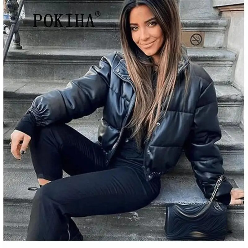 „Pokiha“ stora šilta madinga paminkštinta laisvalaikio užtrauktuku medvilninė odinė trumpa striukė, paltas moteriškas senovinis ilgomis rankovėmis moteriškas viršutinis drabužis Naujas