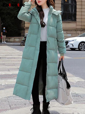 Fotvotee Зимно яке Дамско дълго удебелено пухено палто с качулка Право елегантно връхно облекло 2023 Корейска мода Дамски паркове