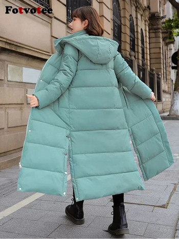 Fotvotee Зимно яке Дамско дълго удебелено пухено палто с качулка Право елегантно връхно облекло 2023 Корейска мода Дамски паркове