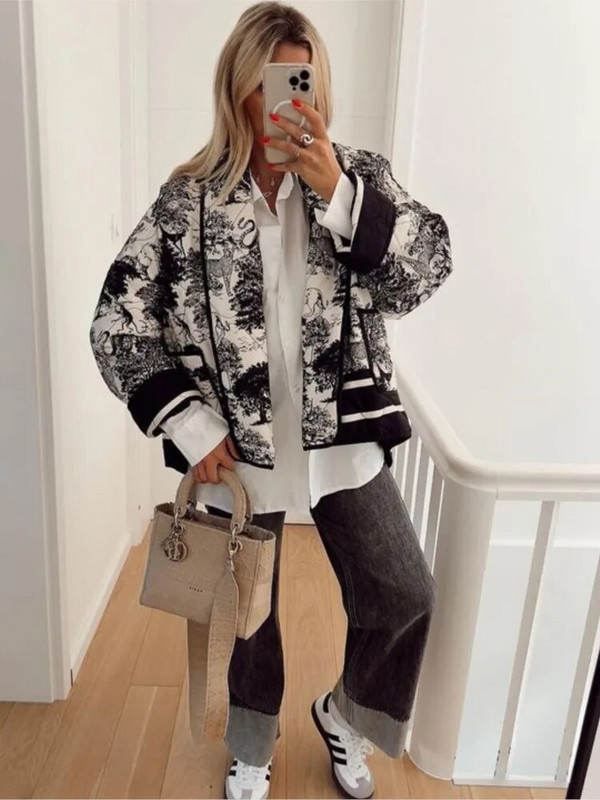 Prinditud revääriga lühike puuvillane jope naiste pikkade varrukatega sooja taskuga kardigan mantel 2023. aasta sügistalv, uued naiste tänavariided