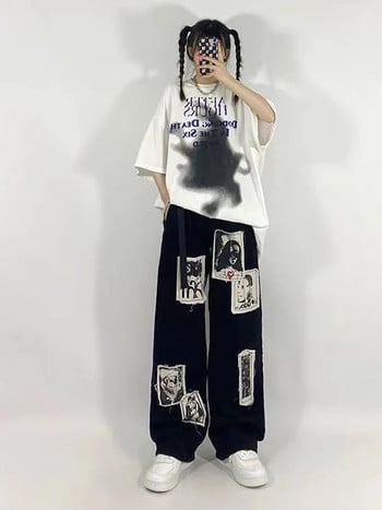 HOUZHOU Grunge Punk Patchwork Μαύρο τζιν Γυναικείο Hip Hop Streetwear Print Oversize Φαρδύ παντελόνι 90s Vintage Fashion Παντελόνι