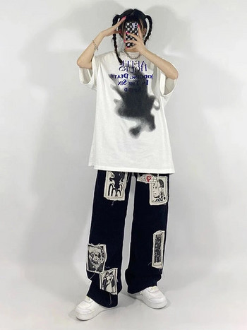 HOUZHOU Grunge Punk Patchwork Μαύρο τζιν Γυναικείο Hip Hop Streetwear Print Oversize Φαρδύ παντελόνι 90s Vintage Fashion Παντελόνι