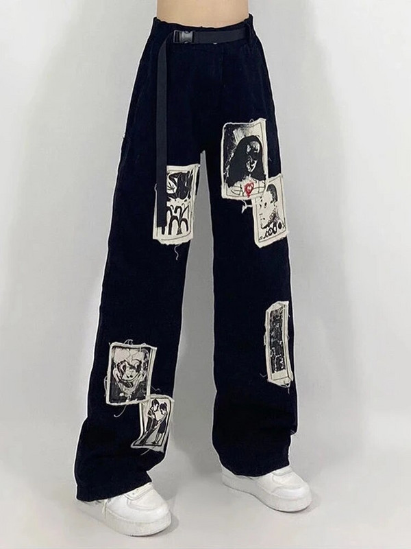 HOUZHOU Grunge Punk Patchwork Mustad teksad Naiste Hip Hop Tänavarõivad Prinditud ülisuured laia säärega püksid 90ndate vintage mood püksid