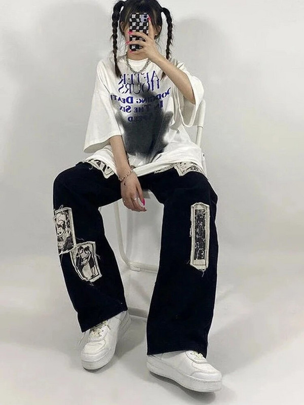 HOUZHOU Grunge Punk Patchwork Mustad teksad Naiste Hip Hop Tänavarõivad Prinditud ülisuured laia säärega püksid 90ndate vintage mood püksid