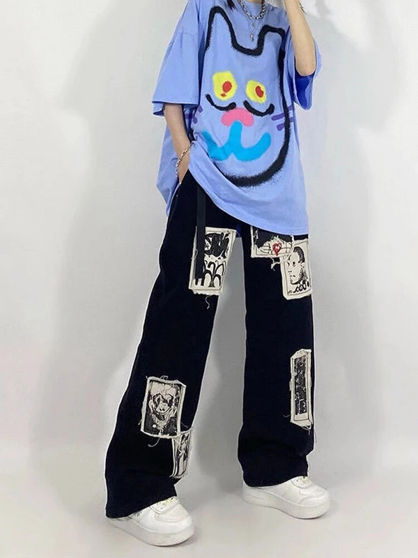 HOUZHOU Grunge Punk Patchwork Mustad teksad Naiste Hip Hop Tänavarõivad Prinditud ülisuured laia säärega püksid 90ndate vintage mood püksid