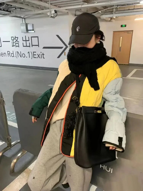 Parke Ženska moda Ulični stil Zima Održava toplinu Patchwork Boja Debeli slatki puni kaput Ženski prikladni