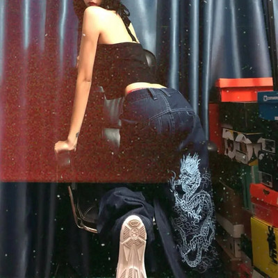 Retro Street Skateboarding Street Dance Labave traperice visokog struka s vezenim kineskim zmajem Ženske traperice Daddy Mopping Ženske 2021.