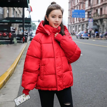 пухено дамско палто Дамско късо ватирано яке 2023 Корейски стил Свободно топло палто с памучна подплата Удебелено палто с памучна подплата