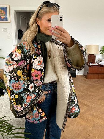 Свободно дамско палто с щампи на цветя, дебело топло памучно яке с дълъг ръкав 2023, елегантно есенно-зимно ежедневно улично облекло
